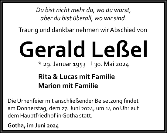 Traueranzeige von Gerald Leßel von Thüringer Allgemeine, Thüringische Landeszeitung