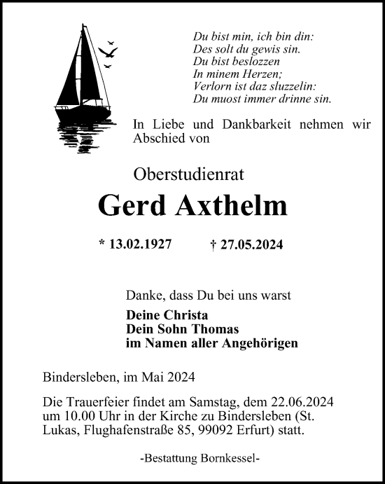 Traueranzeige von Gerd Axthelm von Thüringer Allgemeine, Thüringische Landeszeitung