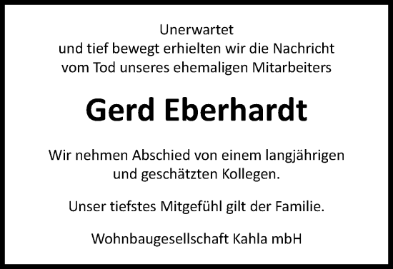 Traueranzeige von Gerd Eberhardt von Ostthüringer Zeitung, Thüringische Landeszeitung