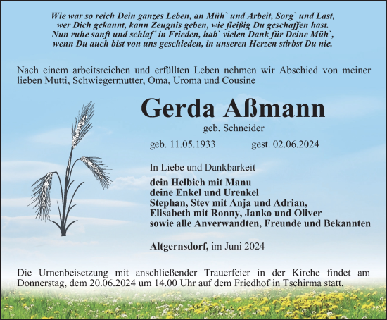 Traueranzeige von Gerda Aßmann