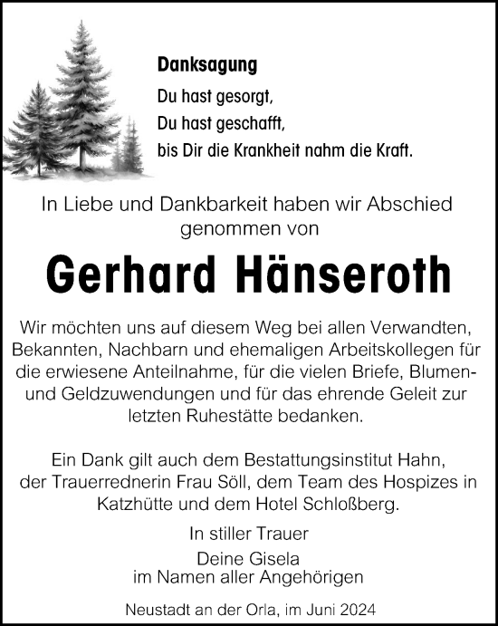 Traueranzeige von Gerhard Hänseroth von Ostthüringer Zeitung