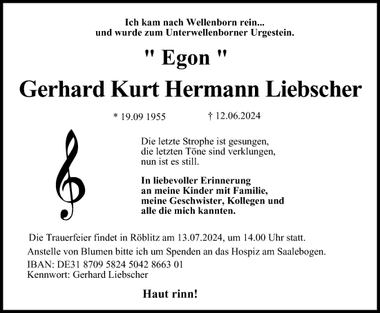 Traueranzeige von Gerhard Liebscher von Ostthüringer Zeitung