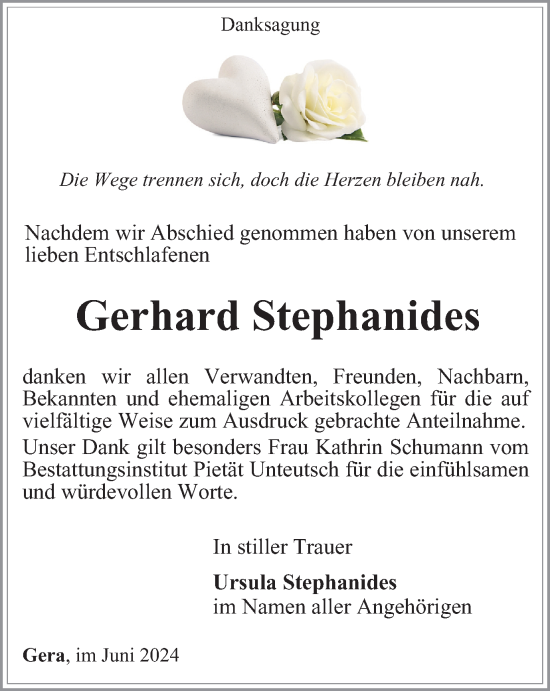 Traueranzeige von Gerhard Stephanides von Ostthüringer Zeitung