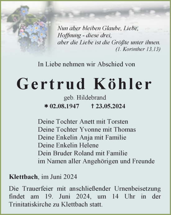 Traueranzeige von Gertrud Köhler von Thüringer Allgemeine, Thüringische Landeszeitung