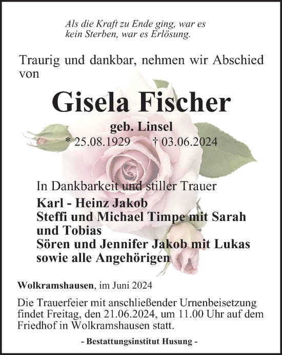Traueranzeige von Gisela Fischer von Thüringer Allgemeine