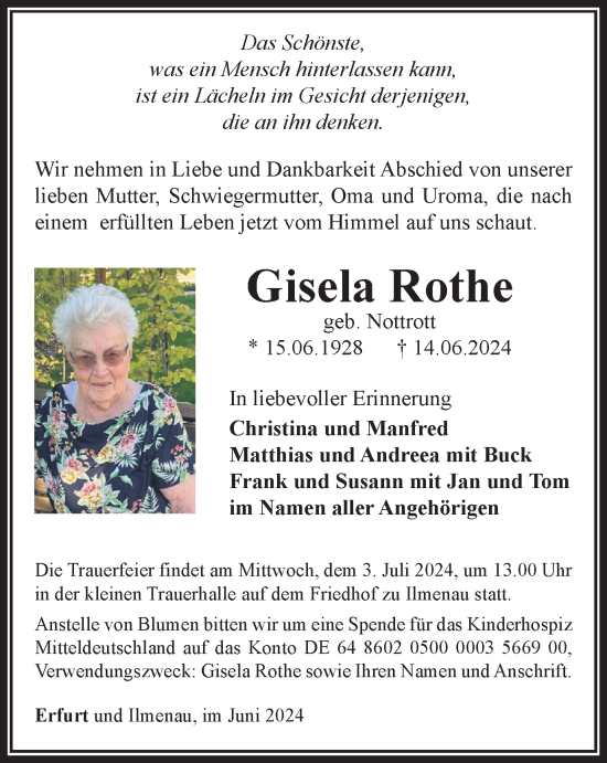 Traueranzeige von Gisela Rothe von Thüringer Allgemeine, Thüringische Landeszeitung