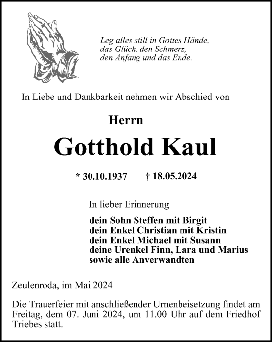 Traueranzeige von Gotthold Kaul von Ostthüringer Zeitung