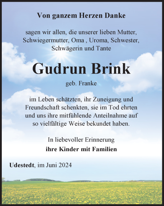 Traueranzeige von Gudrun Brink von Thüringer Allgemeine, Thüringische Landeszeitung