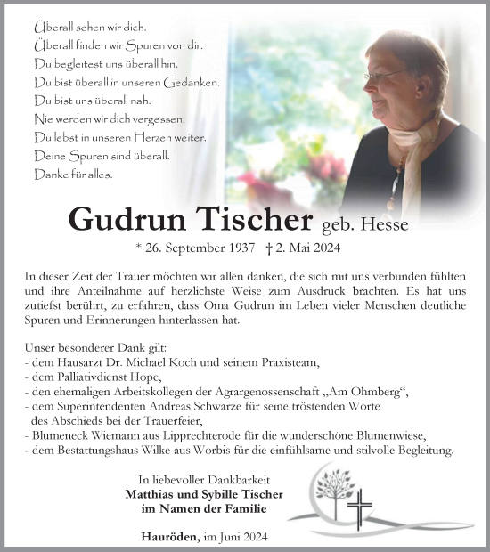 Traueranzeige von Gudrun Tischer von Thüringer Allgemeine