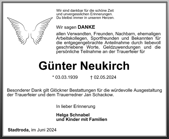 Traueranzeige von Günter Neukirch von Ostthüringer Zeitung