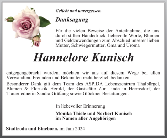 Traueranzeige von Hannelore Kunisch von Ostthüringer Zeitung