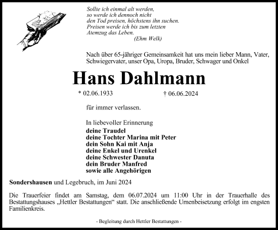 Traueranzeige von Hans Dahlmann von Thüringer Allgemeine