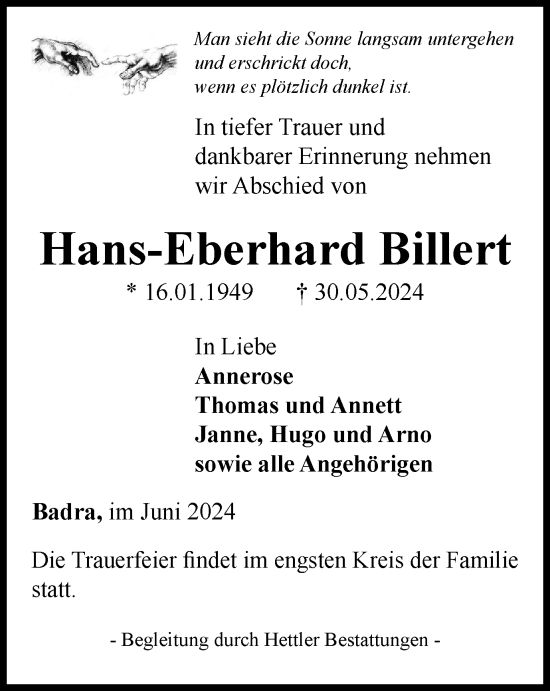 Traueranzeige von Hans-Eberhard Billert von Thüringer Allgemeine