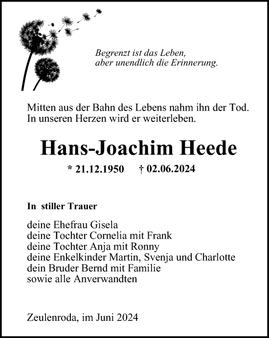 Traueranzeige von Hans-Joachim Heede von Ostthüringer Zeitung