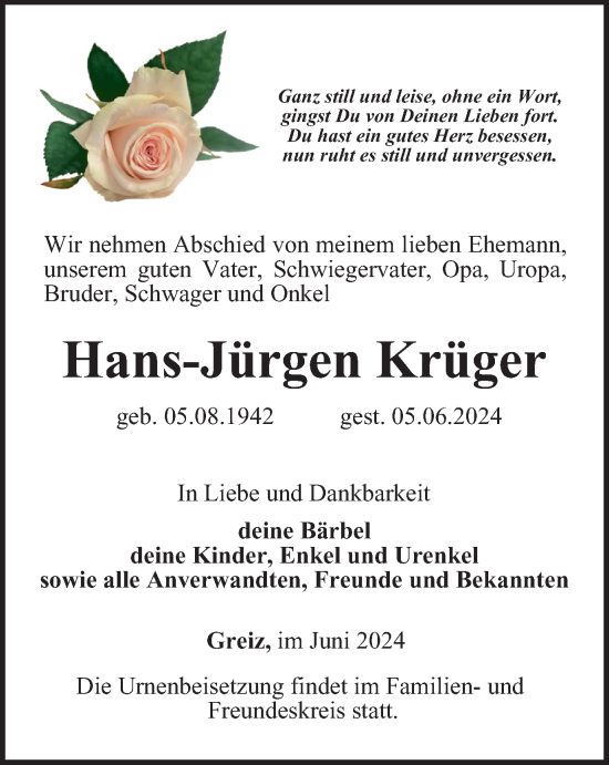 Traueranzeige von Hans-Jürgen Krüger von Ostthüringer Zeitung