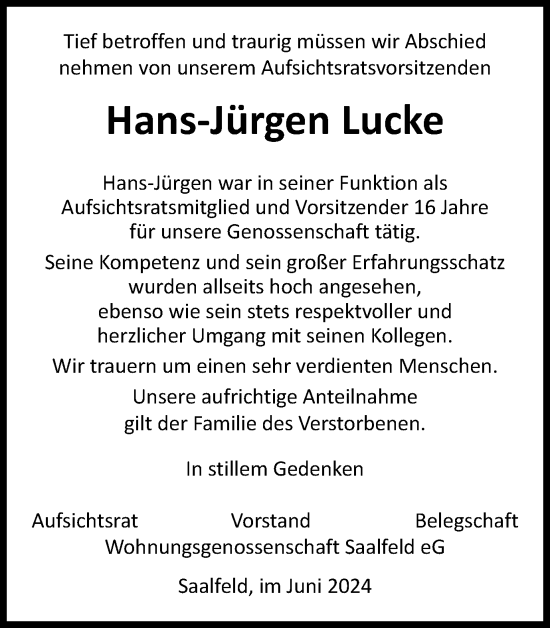 Traueranzeige von Hans-Jürgen Lucke von Ostthüringer Zeitung