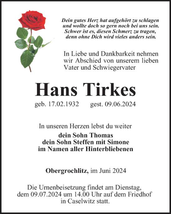 Traueranzeige von Hans Tirkes von Ostthüringer Zeitung