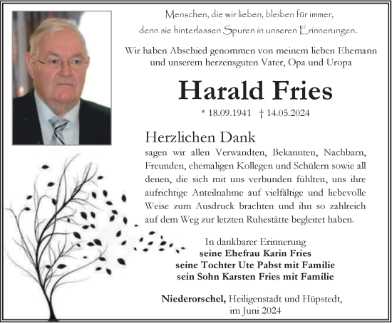 Traueranzeige von Harald Fries von Thüringer Allgemeine