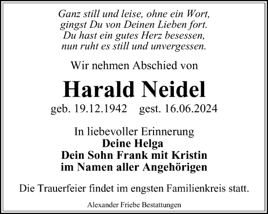 Traueranzeige von Harald Neidel von Thüringer Allgemeine, Thüringische Landeszeitung