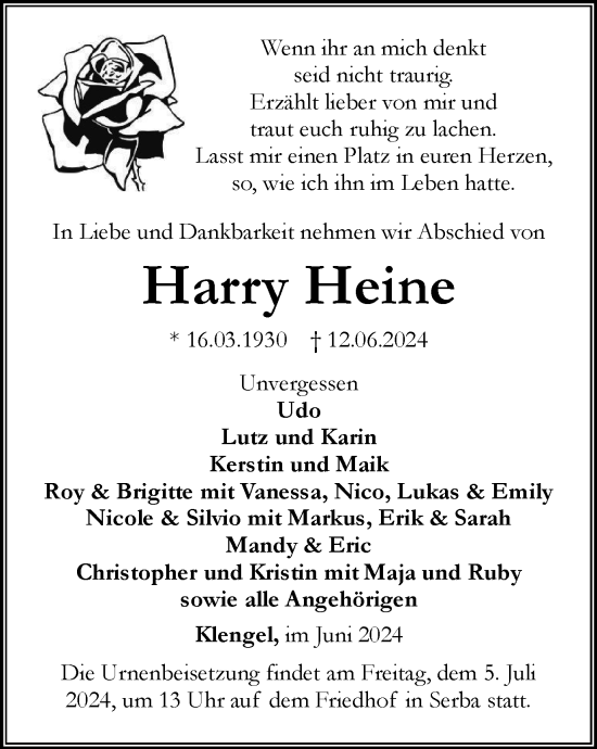 Traueranzeige von Harry Heine von Ostthüringer Zeitung