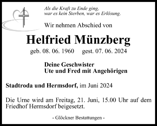 Traueranzeige von Helfried Münzberg von Ostthüringer Zeitung