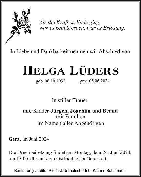 Traueranzeige von Helga Lüders von Ostthüringer Zeitung