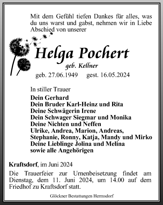 Traueranzeige von Helga Pochert von Ostthüringer Zeitung