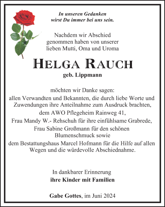 Traueranzeige von Helga Rauch