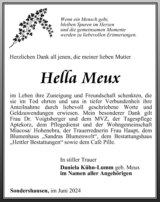 Traueranzeige von Hella Meux von Thüringer Allgemeine