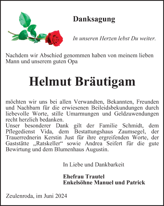 Traueranzeige von Helmut Bräutigam von Ostthüringer Zeitung