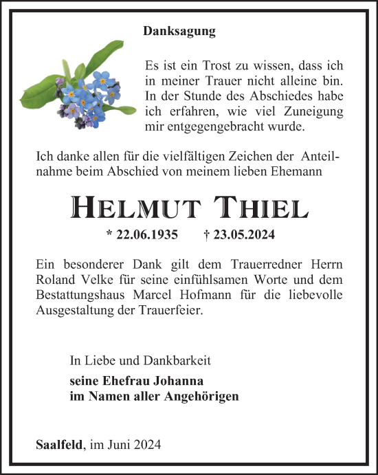 Traueranzeige von Helmut Thiel von Ostthüringer Zeitung
