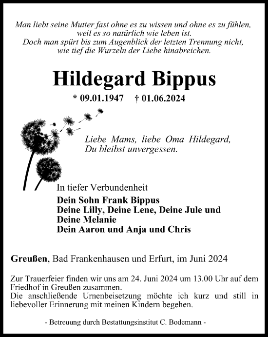 Traueranzeige von Hildegard Bippus von Thüringer Allgemeine