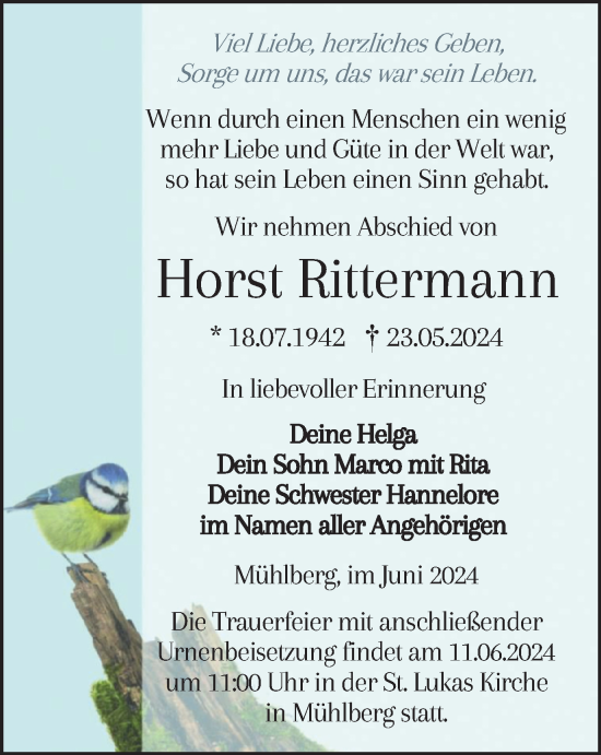 Traueranzeige von Horst Rittermann von Thüringer Allgemeine, Thüringische Landeszeitung