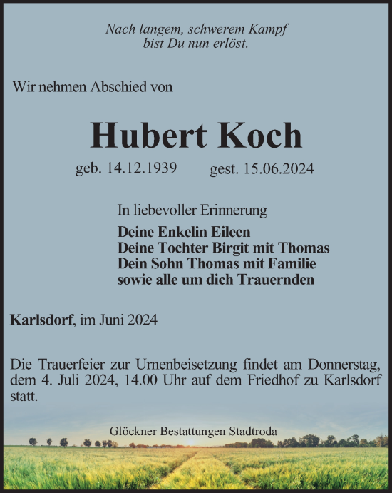 Traueranzeige von Hubert Koch von Ostthüringer Zeitung