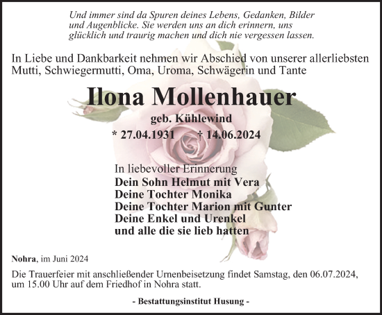 Traueranzeige von Ilona Mollenhauer von Thüringer Allgemeine