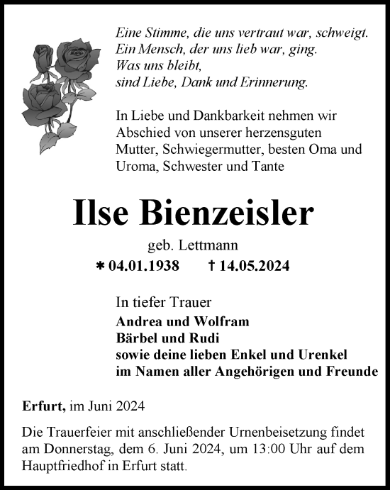 Traueranzeige von Ilse Bienzeisler von Thüringer Allgemeine, Thüringische Landeszeitung