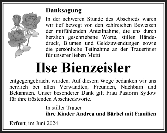 Traueranzeige von Ilse Bienzeisler von Thüringer Allgemeine, Thüringische Landeszeitung