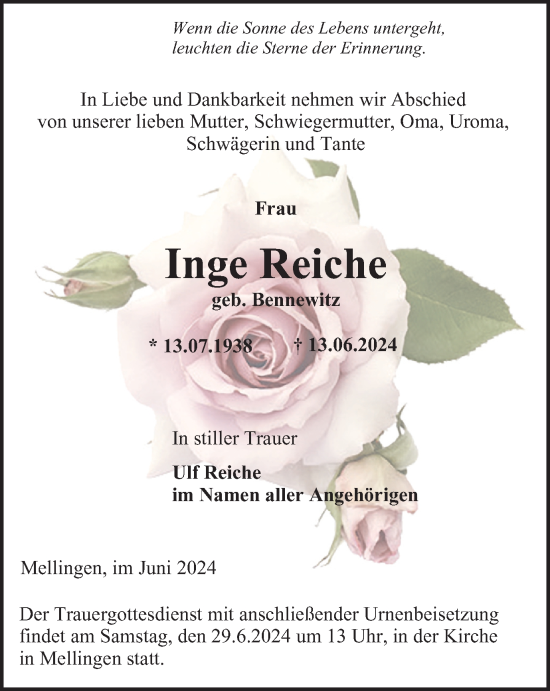 Traueranzeige von Inge Reiche von Thüringer Allgemeine, Thüringische Landeszeitung