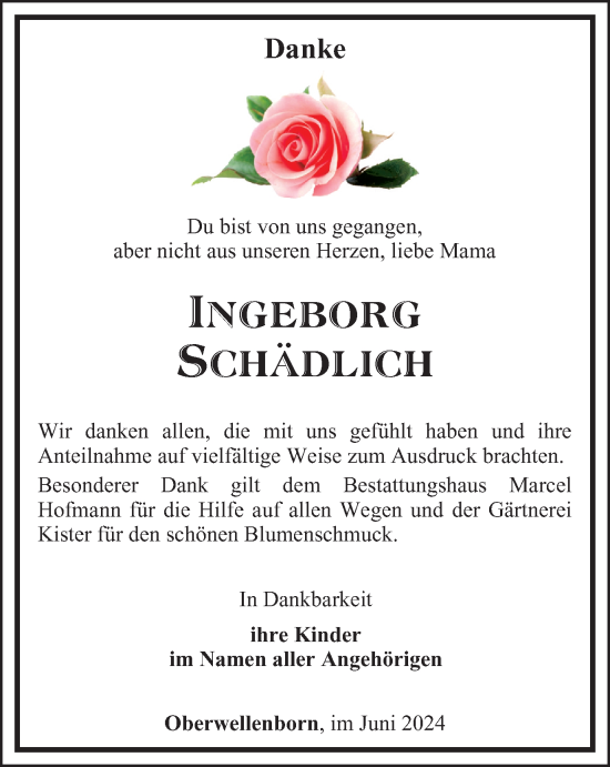 Traueranzeige von Ingeborg Schädlich von Ostthüringer Zeitung