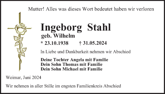 Traueranzeige von Ingeborg Stahl von Thüringer Allgemeine, Thüringische Landeszeitung