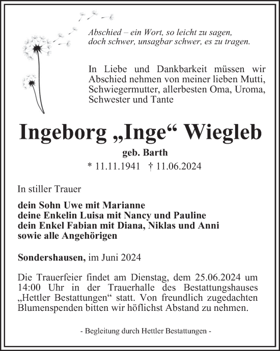 Traueranzeige von Ingeborg Wiegleb von Thüringer Allgemeine