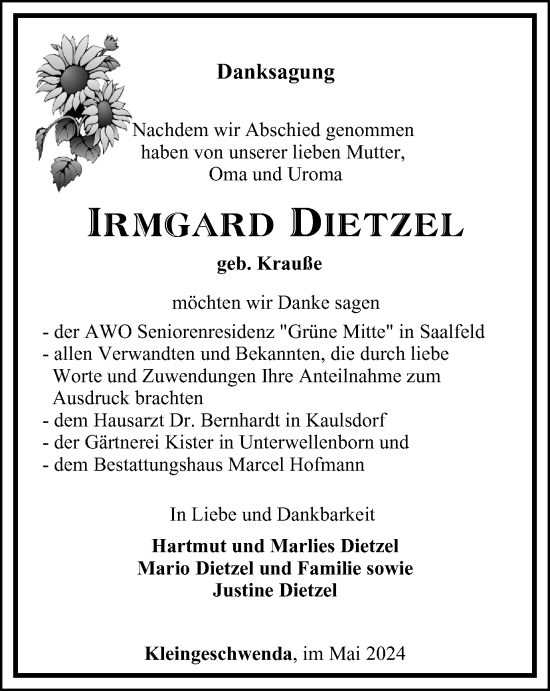 Traueranzeige von Irmgard Dietzel