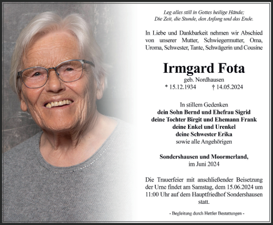 Traueranzeige von Irmgard Fota von Thüringer Allgemeine