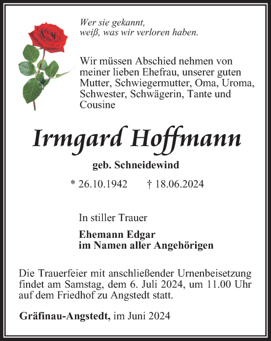 Traueranzeige von Irmgard Hoffmann von Thüringer Allgemeine