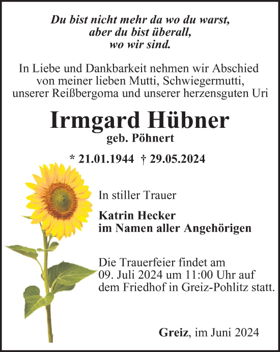Traueranzeige von Irmgard Hübner von Ostthüringer Zeitung