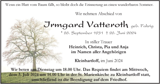 Traueranzeige von Irmgard Vatteroth von Thüringer Allgemeine