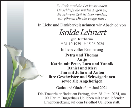 Traueranzeige von Isolde Lehnen von Thüringer Allgemeine, Thüringische Landeszeitung