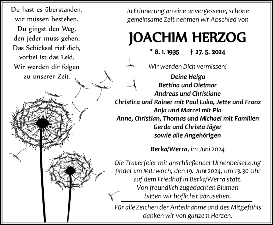 Traueranzeige von Joachim Herzog von Thüringer Allgemeine, Thüringische Landeszeitung