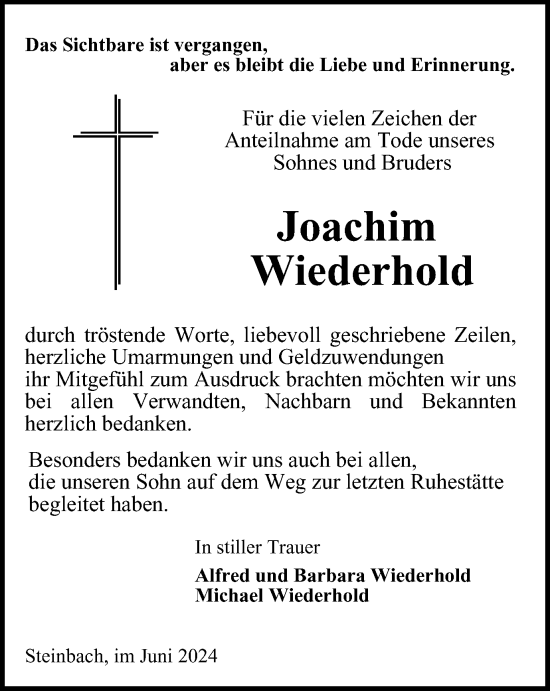 Traueranzeige von Joachim Wiederhold von Thüringer Allgemeine