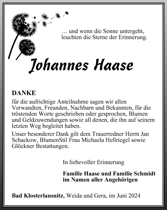 Traueranzeige von Johannes Haase von Ostthüringer Zeitung